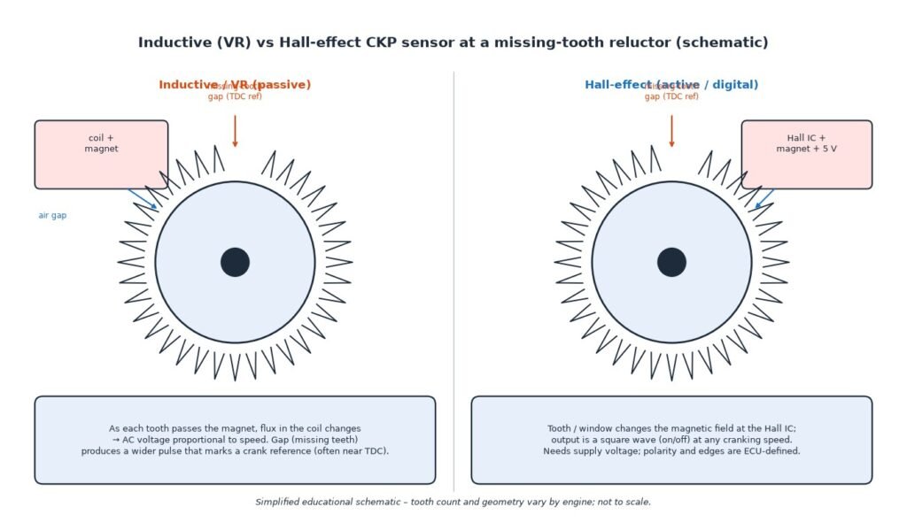 Schematic comparing an inductive (VR) crankshaft position sensor with a Hall-effect CKP sensor at a missing-tooth reluctor wheel, showing coil/magnet vs Hall IC and air gap