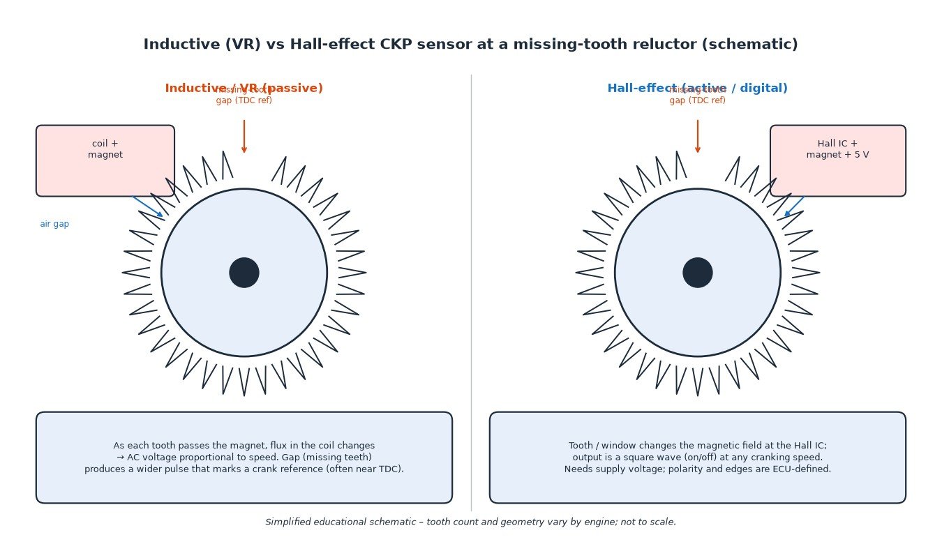 Schematic comparing an inductive (VR) crankshaft position sensor with a Hall-effect CKP sensor at a missing-tooth reluctor wheel, showing coil/magnet vs Hall IC and air gap