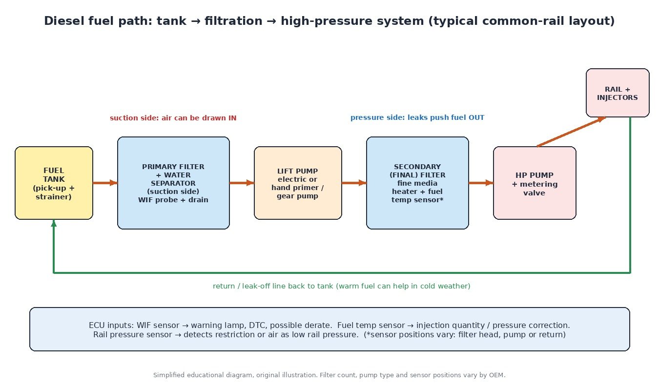 Diagram of a diesel common-rail fuel path: tank, primary filter with water separator and WIF sensor, lift pump, secondary filter with heater and fuel temperature sensor, high-pressure pump, rail and injectors, with return line