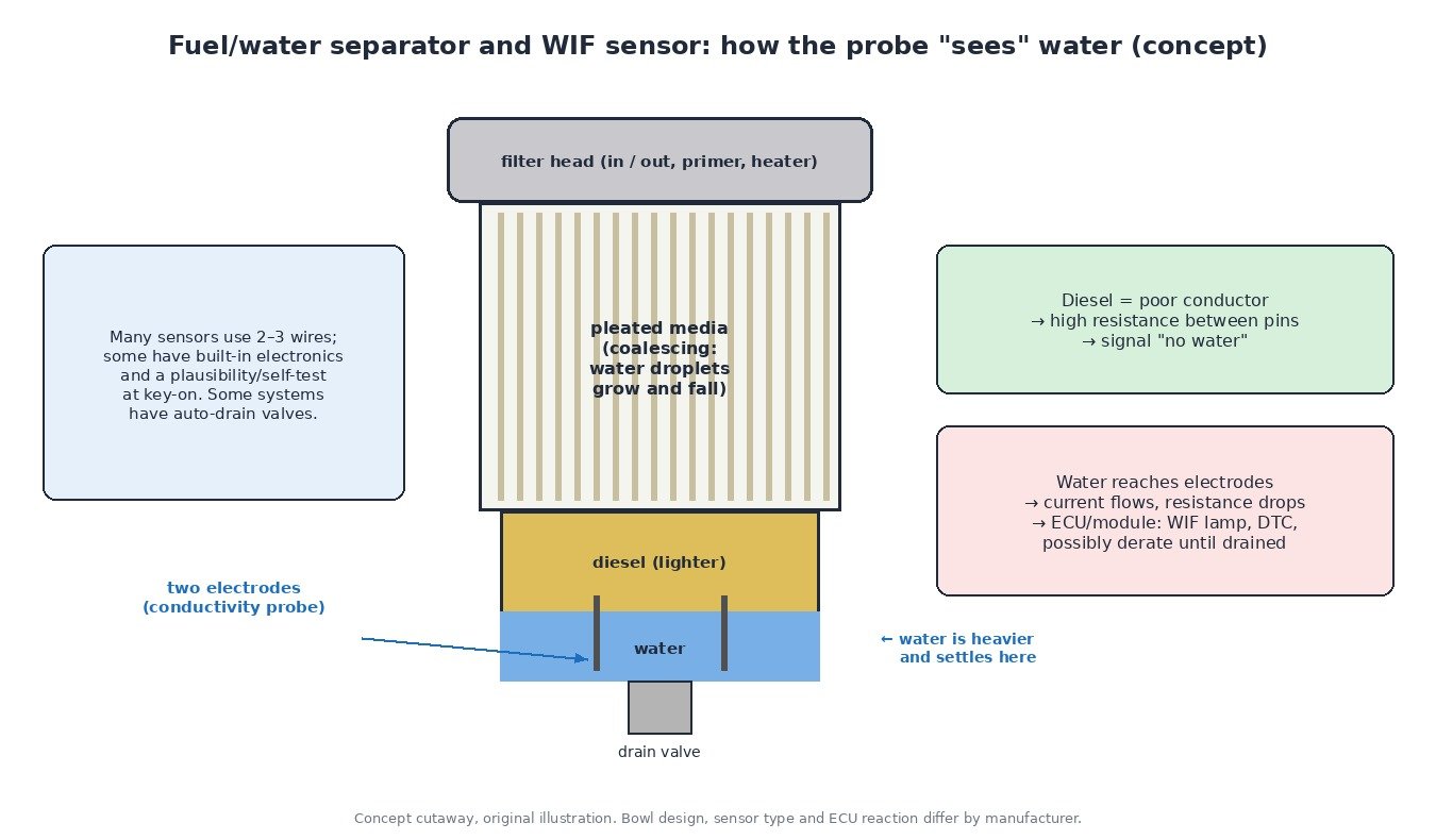 Cutaway diagram of a diesel fuel/water separator showing coalescing filter media, diesel above water in the sump, two-electrode water-in-fuel conductivity probe and drain valve