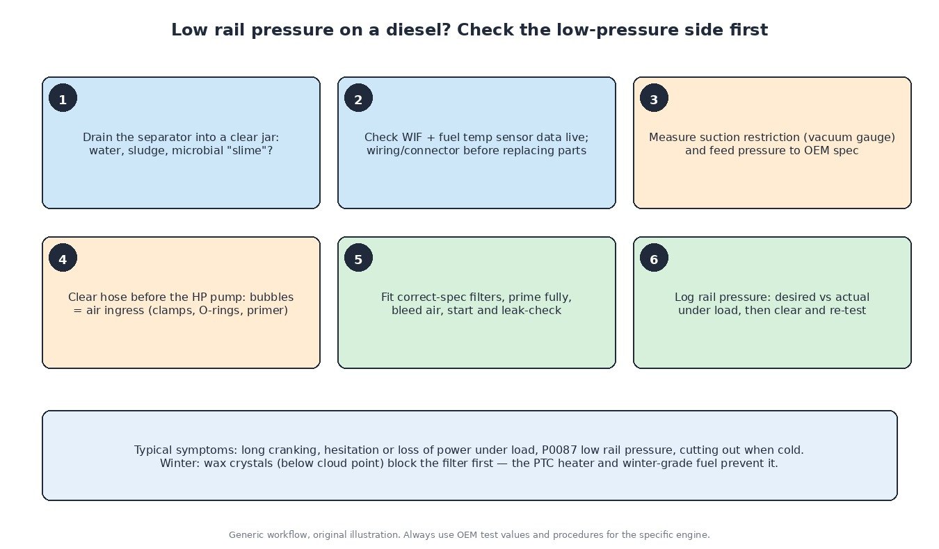 Six-step diagnostic workflow for low rail pressure on a diesel: drain and inspect separator, check WIF and fuel temperature data, measure restriction and feed pressure, check for air, prime and bleed, log rail pressure