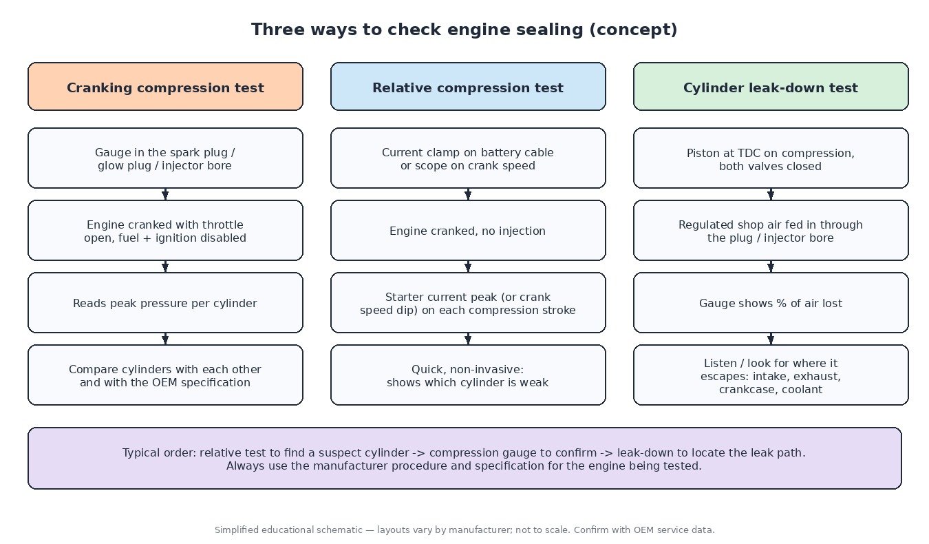 Overview of three engine sealing tests: cranking compression test with gauge, relative compression test with starter current clamp, and cylinder leak-down test with regulated shop air