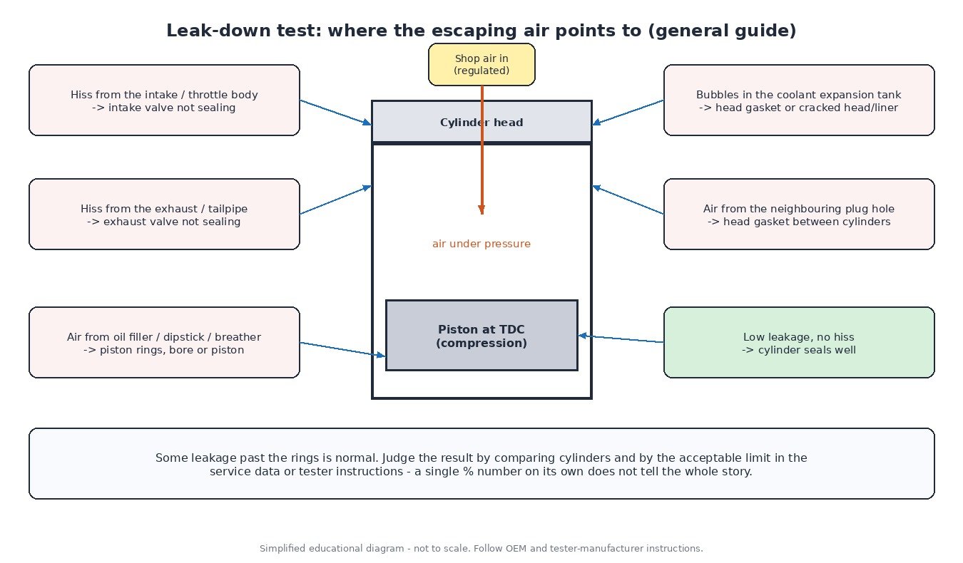 Cylinder leak-down test diagram showing where escaping air points to: intake valve, exhaust valve, piston rings, head gasket to coolant or neighbouring cylinder