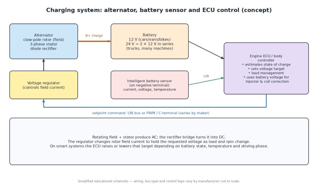 Diagram of a vehicle charging system: alternator with rotor, stator and rectifier, voltage regulator, battery, intelligent battery sensor and engine ECU sending a voltage setpoint over LIN or PWM