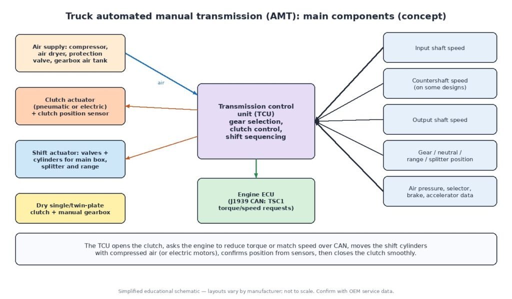 Truck automated manual transmission components: air supply, pneumatic or electric clutch actuator, electro-pneumatic shift actuator for main box, splitter and range, dry clutch, TCU, engine ECU over J1939 and speed and position sensors