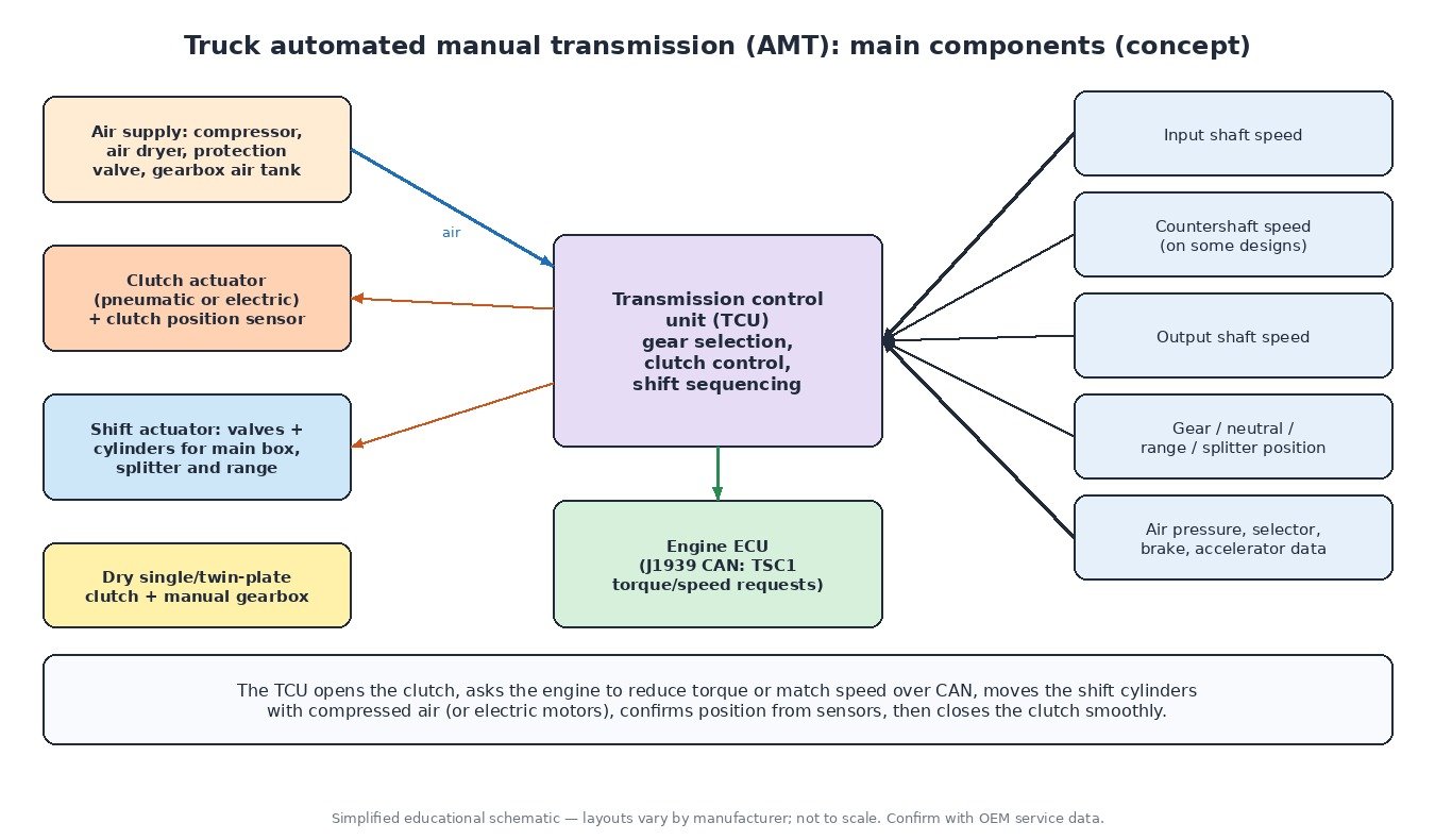 Truck automated manual transmission components: air supply, pneumatic or electric clutch actuator, electro-pneumatic shift actuator for main box, splitter and range, dry clutch, TCU, engine ECU over J1939 and speed and position sensors