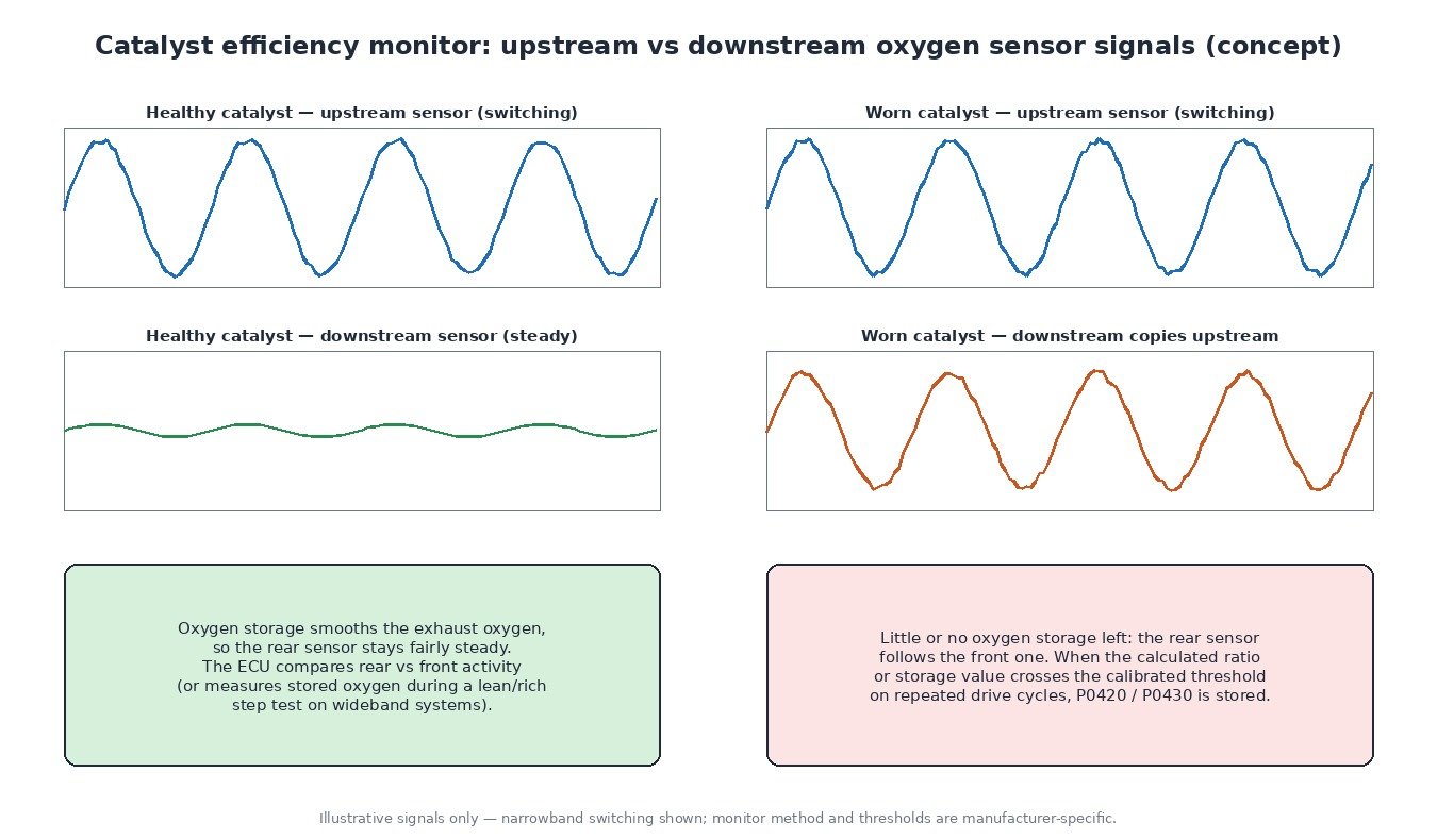 Catalyst efficiency monitor signals: upstream oxygen sensor switching with a steady downstream signal on a healthy catalyst, and a downstream signal copying the upstream one on a worn catalyst that sets P0420