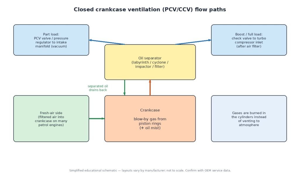 Diagram of a closed crankcase ventilation system: blow-by gas from the crankcase passes through an oil separator, then to the intake manifold through a PCV valve at part load or to the turbo compressor inlet under boost, with separated oil draining back