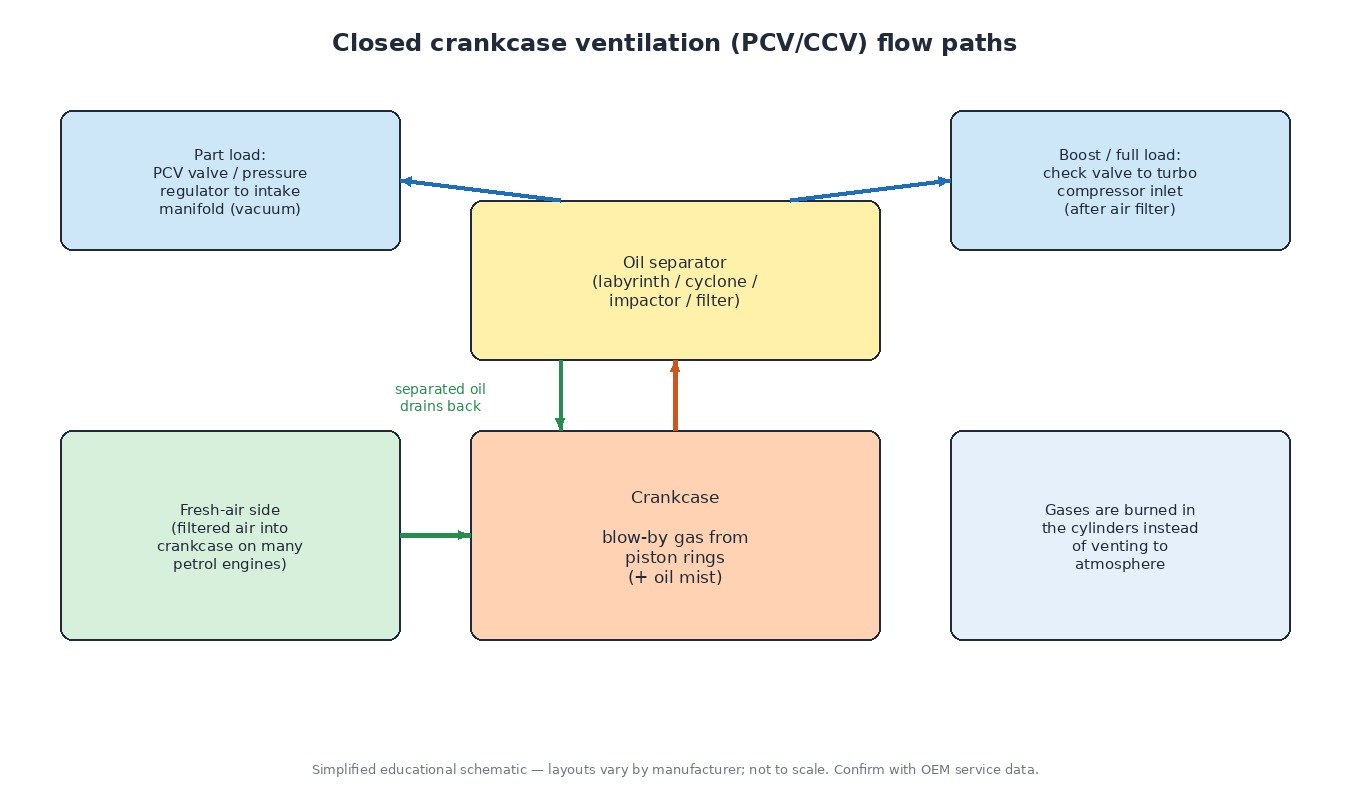 Diagram of a closed crankcase ventilation system: blow-by gas from the crankcase passes through an oil separator, then to the intake manifold through a PCV valve at part load or to the turbo compressor inlet under boost, with separated oil draining back