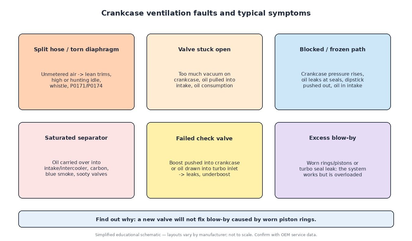 Diagram of six crankcase ventilation faults and their symptoms: split hose or torn diaphragm, valve stuck open, blocked path, saturated oil separator, failed check valve and excessive blow-by