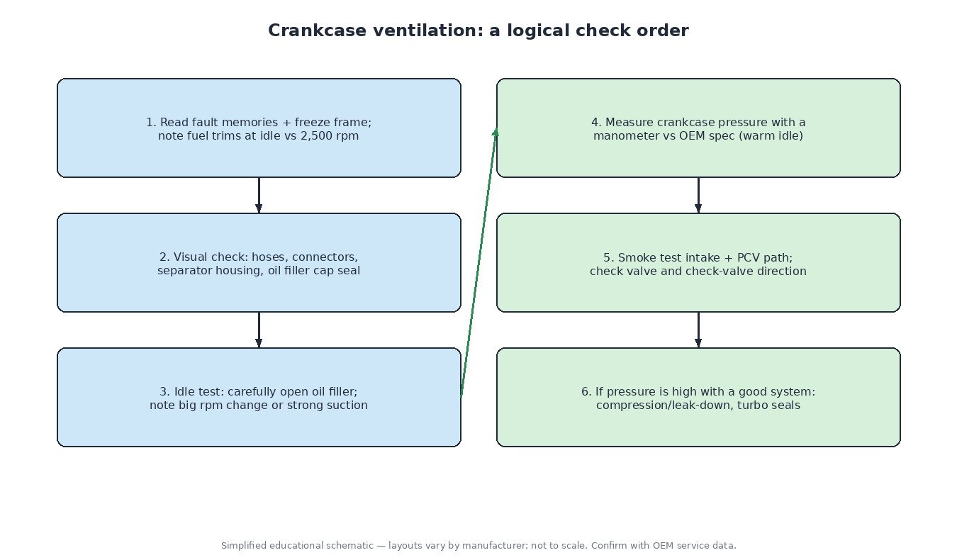 Flowchart of a six-step crankcase ventilation diagnostic order: read codes and fuel trims, visual check, idle filler cap check, crankcase pressure measurement, smoke test, then compression and turbo checks