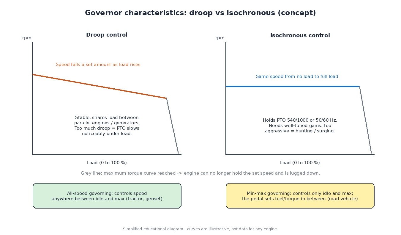 Droop versus isochronous governor characteristics: speed falling with load versus constant speed up to the maximum torque curve, plus all-speed and min-max governing