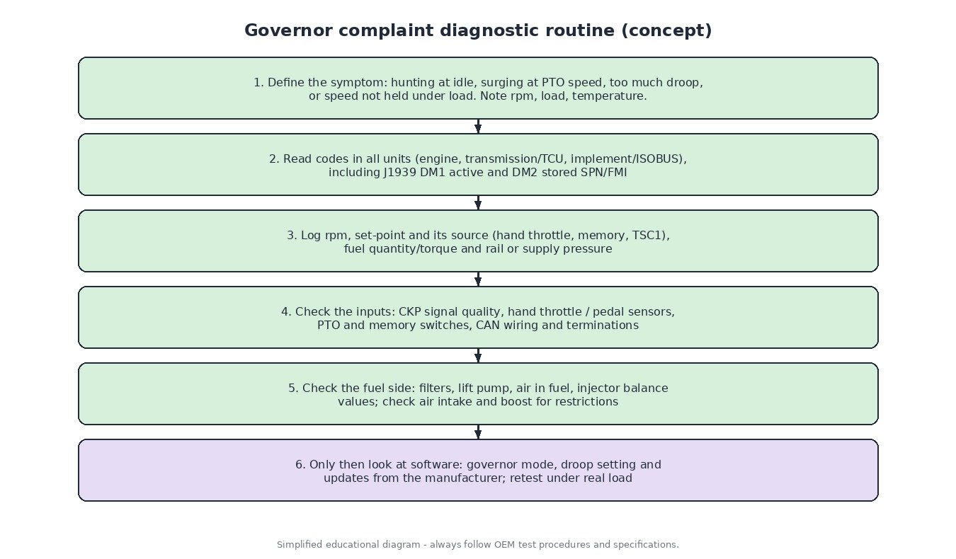 Six-step diesel governor diagnostic routine: define symptom, read codes including J1939 DM1 and DM2, log rpm and set-point source, check inputs and CAN, check fuel and air, then software
