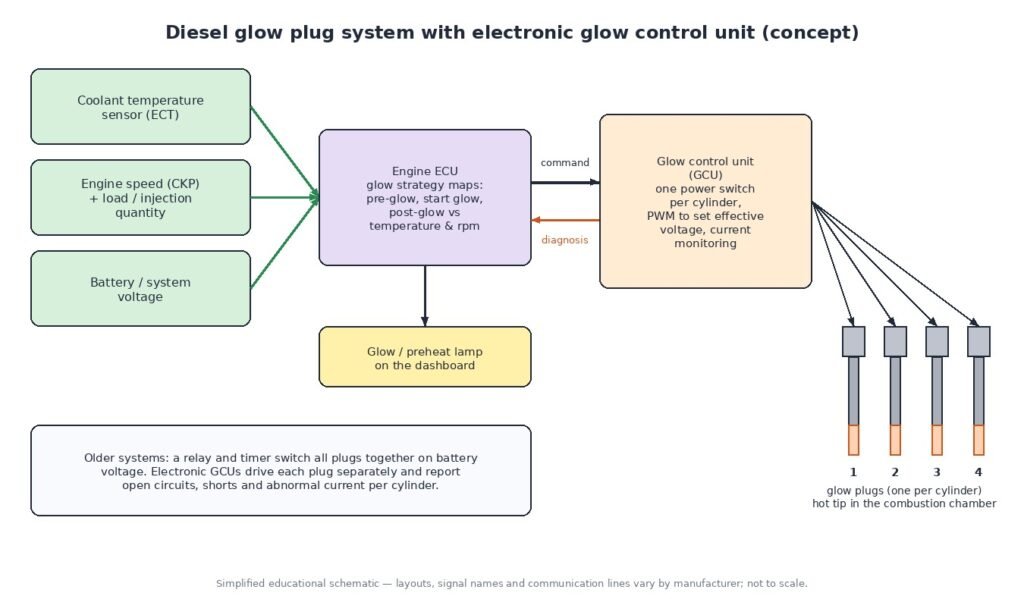 Diagram of a diesel glow plug system: coolant temperature, engine speed and battery voltage inputs to the engine ECU, which commands a glow control unit that drives one glow plug per cylinder with PWM and reports faults