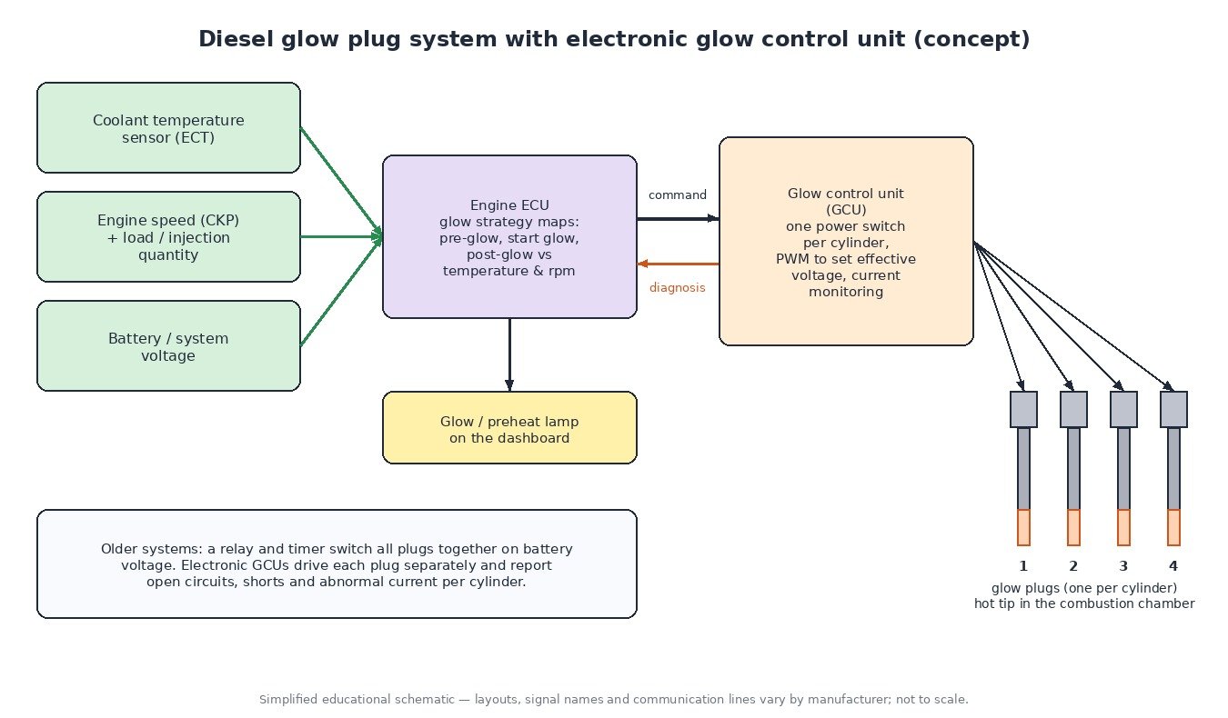 Diagram of a diesel glow plug system: coolant temperature, engine speed and battery voltage inputs to the engine ECU, which commands a glow control unit that drives one glow plug per cylinder with PWM and reports faults