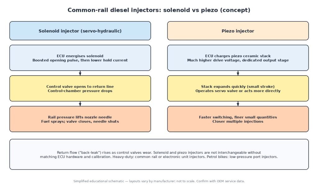 Educational diagram comparing solenoid servo-hydraulic and piezo common-rail diesel injectors