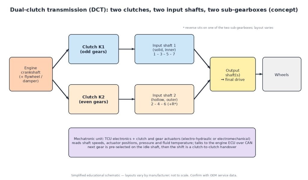 Diagram of a dual-clutch transmission: engine feeding clutch K1 for odd gears on a solid inner input shaft and clutch K2 for even gears on a hollow outer shaft, both driving the output, with a mechatronic unit controlling clutches and gear actuators
