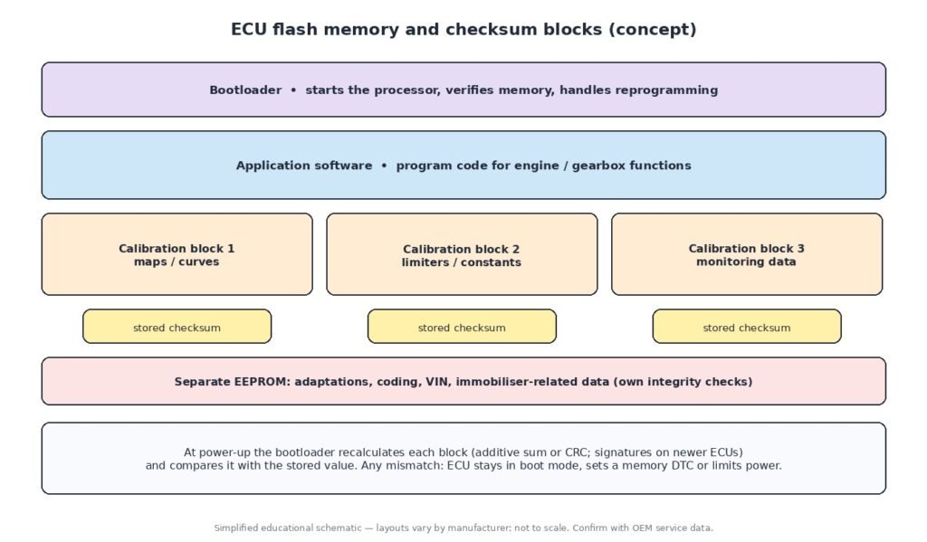 Concept diagram of ECU flash memory layout: bootloader, application software, calibration blocks with stored checksums and separate EEPROM