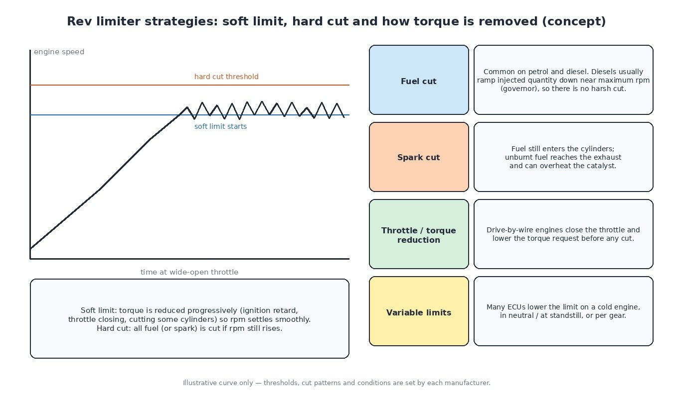 Rev limiter strategies: engine speed curve with soft limit and hard cut threshold, and comparison of fuel cut, spark cut, throttle torque reduction and variable rpm limits