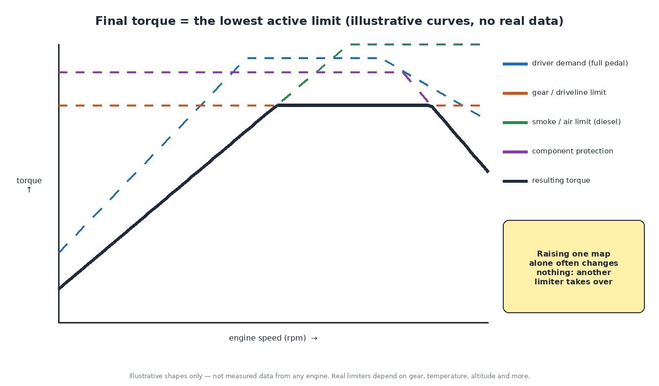 Illustrative chart showing driver demand, gear limit, smoke limit and component protection torque curves over engine speed, with the resulting torque following the lowest limit