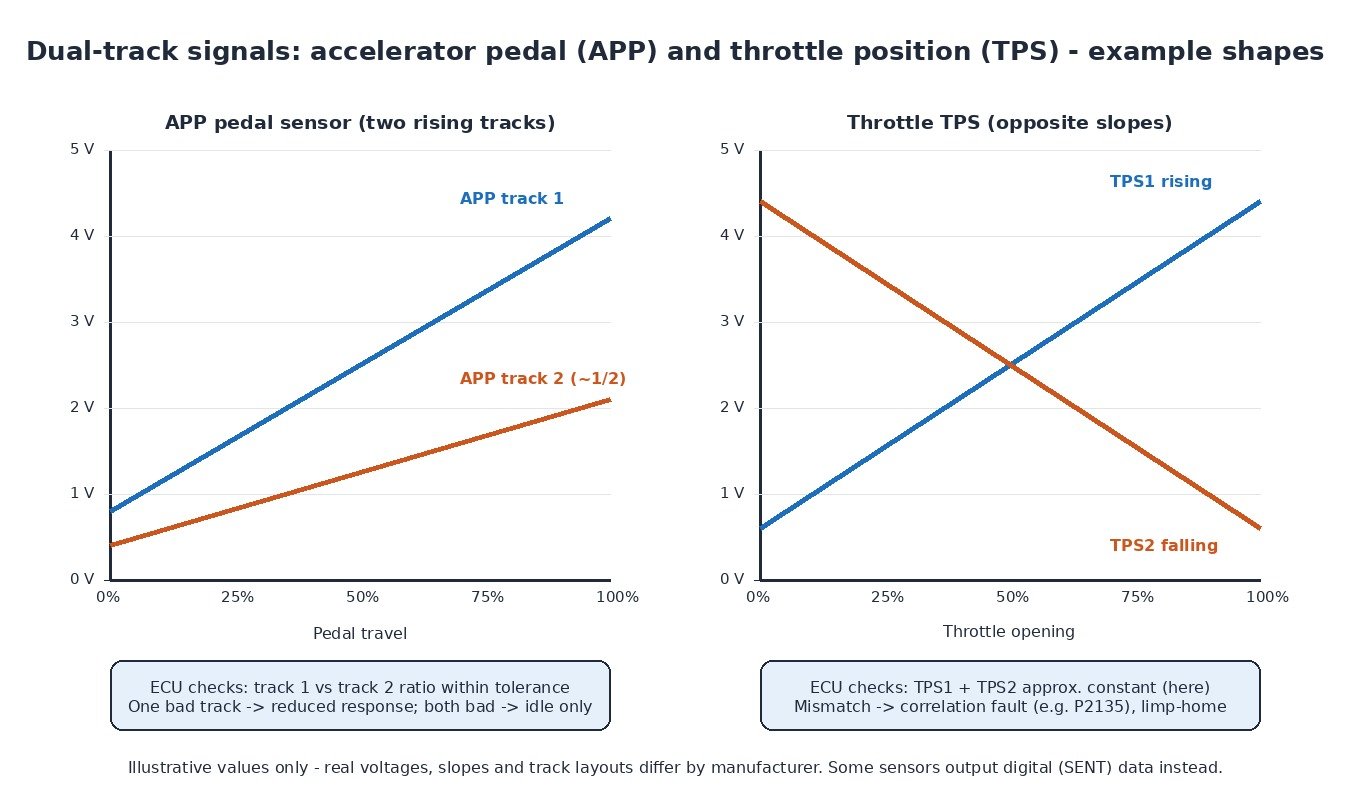 Dual-track accelerator pedal (APP) and throttle position sensor (TPS) voltage versus travel example