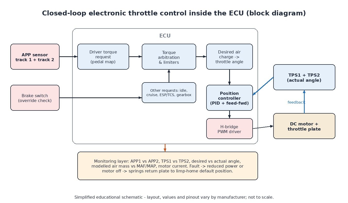 Closed-loop electronic throttle control block diagram: APP, torque arbitration, position controller, H-bridge, TPS feedback