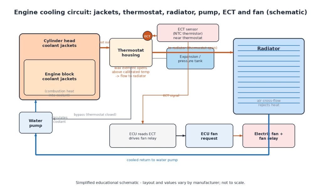 Engine cooling circuit schematic: block and head jackets, thermostat, radiator, water pump, expansion tank, ECT sensor near thermostat housing, electric fan and ECU fan request