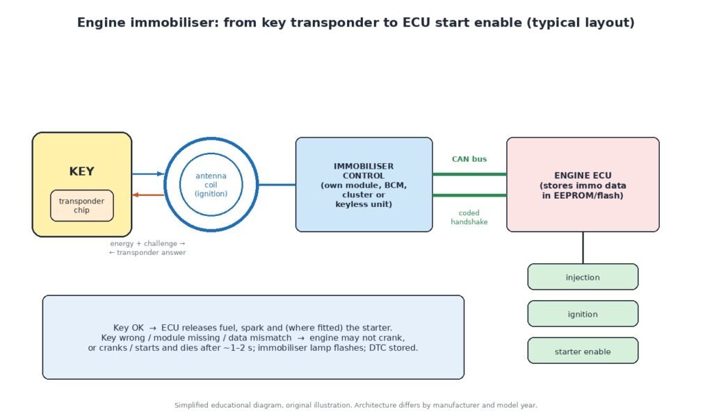 Diagram of an engine immobiliser system: key transponder, antenna coil around the ignition, immobiliser control unit and engine ECU linked by CAN bus, enabling injection, ignition and starter
