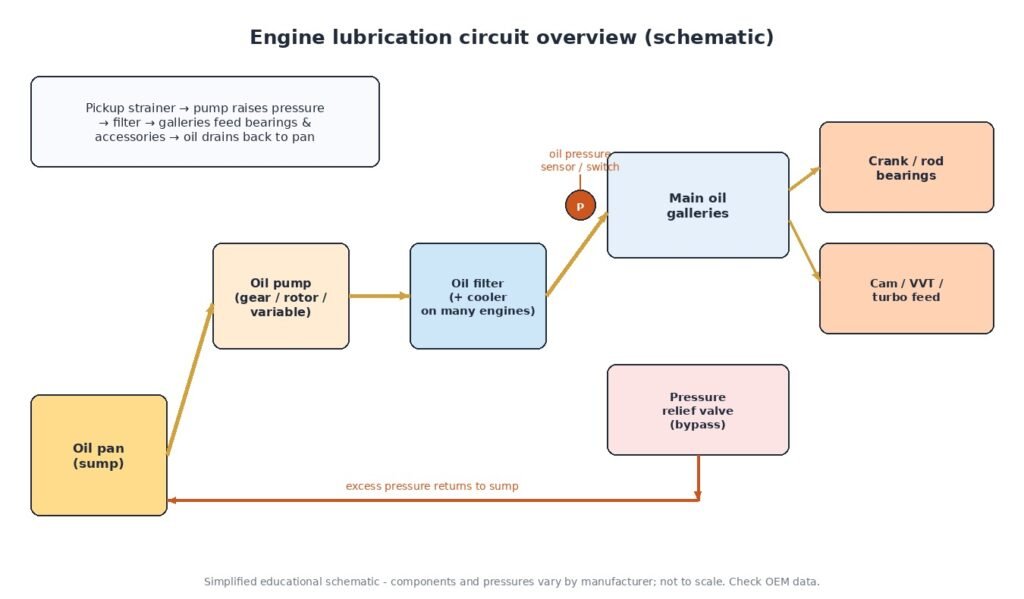 Simplified schematic of an engine lubrication circuit from oil pan through pump, filter and galleries to bearings with pressure relief return