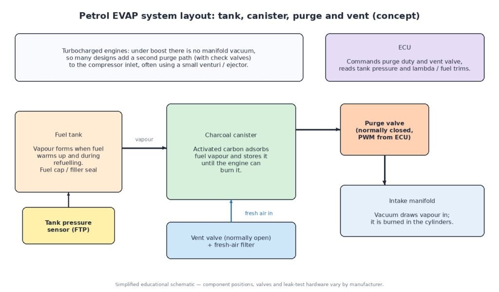 Schematic of a petrol EVAP system: fuel tank with pressure sensor, charcoal canister, normally open vent valve with filter, PWM purge valve to the intake manifold and ECU control