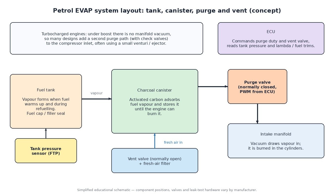 Schematic of a petrol EVAP system: fuel tank with pressure sensor, charcoal canister, normally open vent valve with filter, PWM purge valve to the intake manifold and ECU control