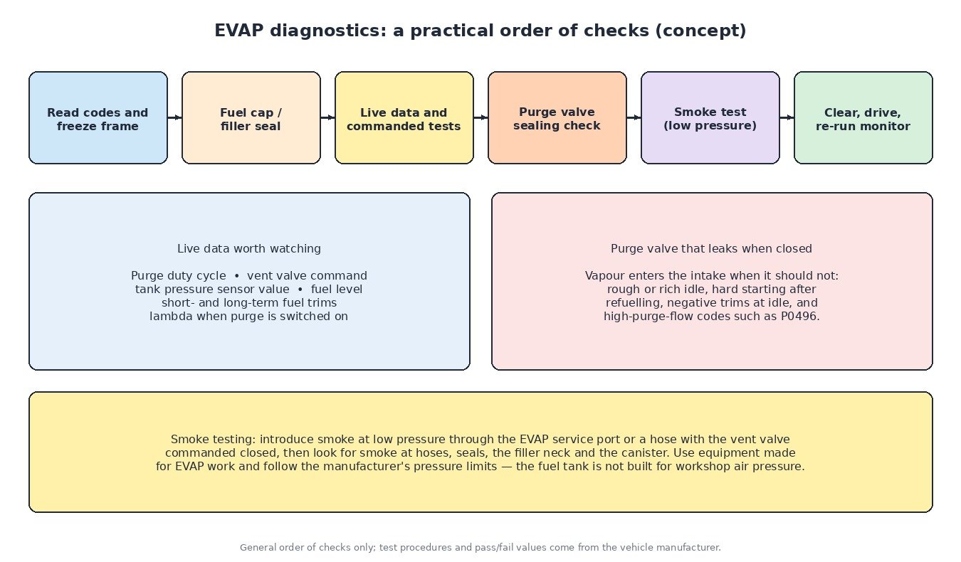 EVAP diagnostic flow chart: codes and freeze frame, fuel cap, live data and output tests, purge valve sealing check, low-pressure smoke test and monitor re-run
