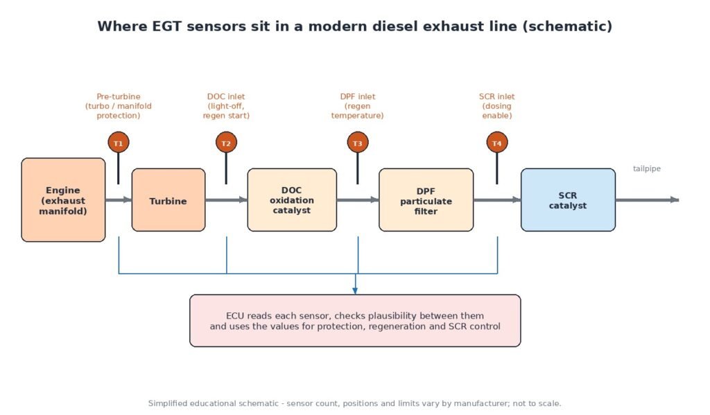 Diesel exhaust line schematic showing EGT sensor positions before the turbine, DOC, DPF and SCR catalyst, all wired to the ECU