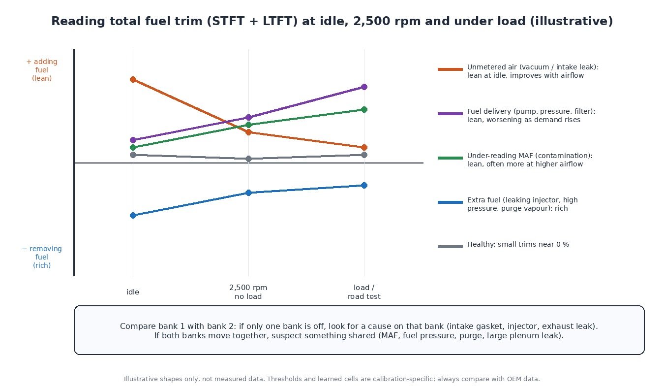 Illustrative chart of total fuel trim at idle, 2,500 rpm and under load for a vacuum leak, fuel delivery fault, contaminated MAF, rich fault and a healthy engine (no real measured data)