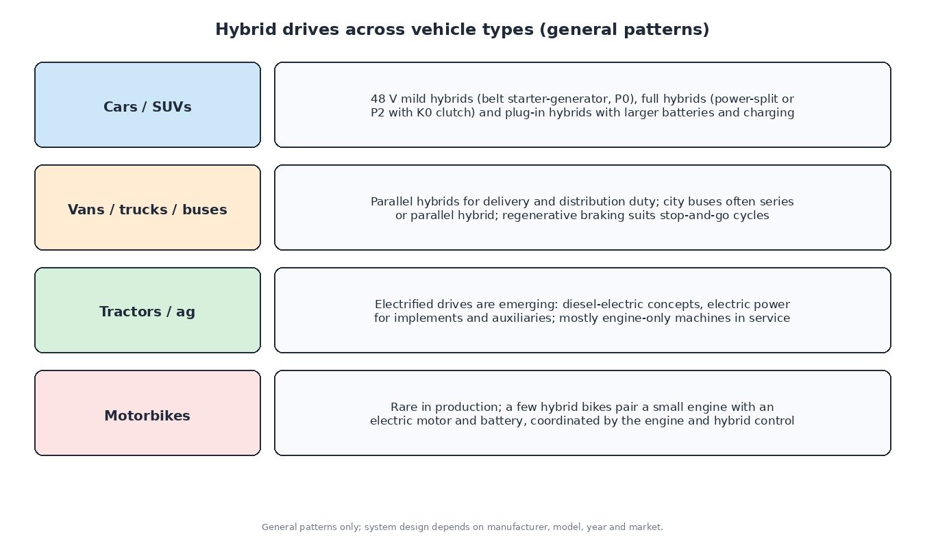 Chart comparing hybrid drives across vehicle types: mild, full and plug-in hybrids in cars, parallel and series hybrids in vans, trucks and buses, emerging electrified drives in tractors, and rare hybrid motorbikes