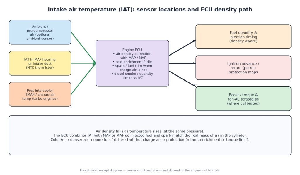 Diagram of intake air temperature sensor locations (ambient/pre-compressor, MAF-integrated IAT, post-intercooler TMAP) feeding the engine ECU for air-density correction, cold enrichment and hot charge-air protection