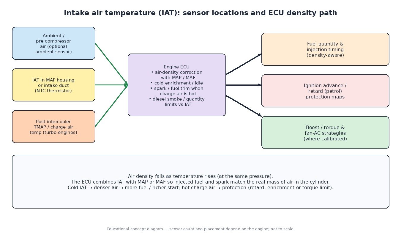 Diagram of intake air temperature sensor locations (ambient/pre-compressor, MAF-integrated IAT, post-intercooler TMAP) feeding the engine ECU for air-density correction, cold enrichment and hot charge-air protection