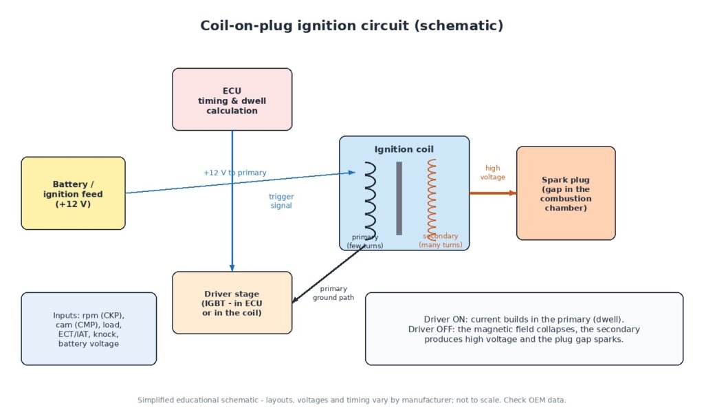 Schematic of a coil-on-plug ignition circuit: battery feed, ECU timing and dwell calculation, IGBT driver, primary and secondary windings and spark plug