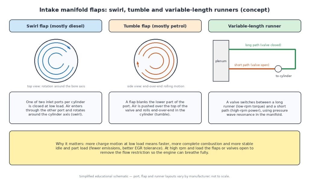 Diagram of intake manifold flap types: swirl flap creating rotation around the cylinder bore, tumble flap creating end-over-end charge motion, and a variable-length intake runner with long and short paths