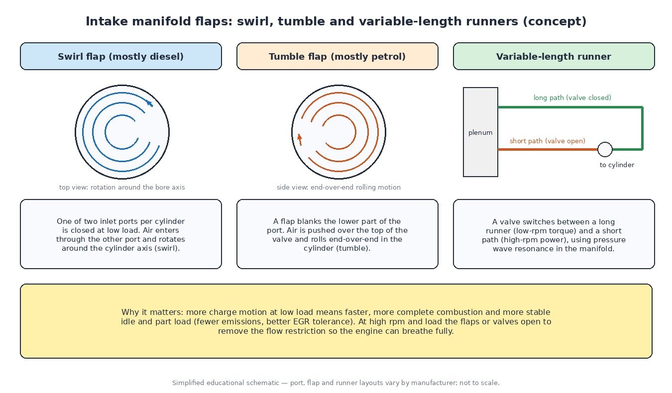 Diagram of intake manifold flap types: swirl flap creating rotation around the cylinder bore, tumble flap creating end-over-end charge motion, and a variable-length intake runner with long and short paths