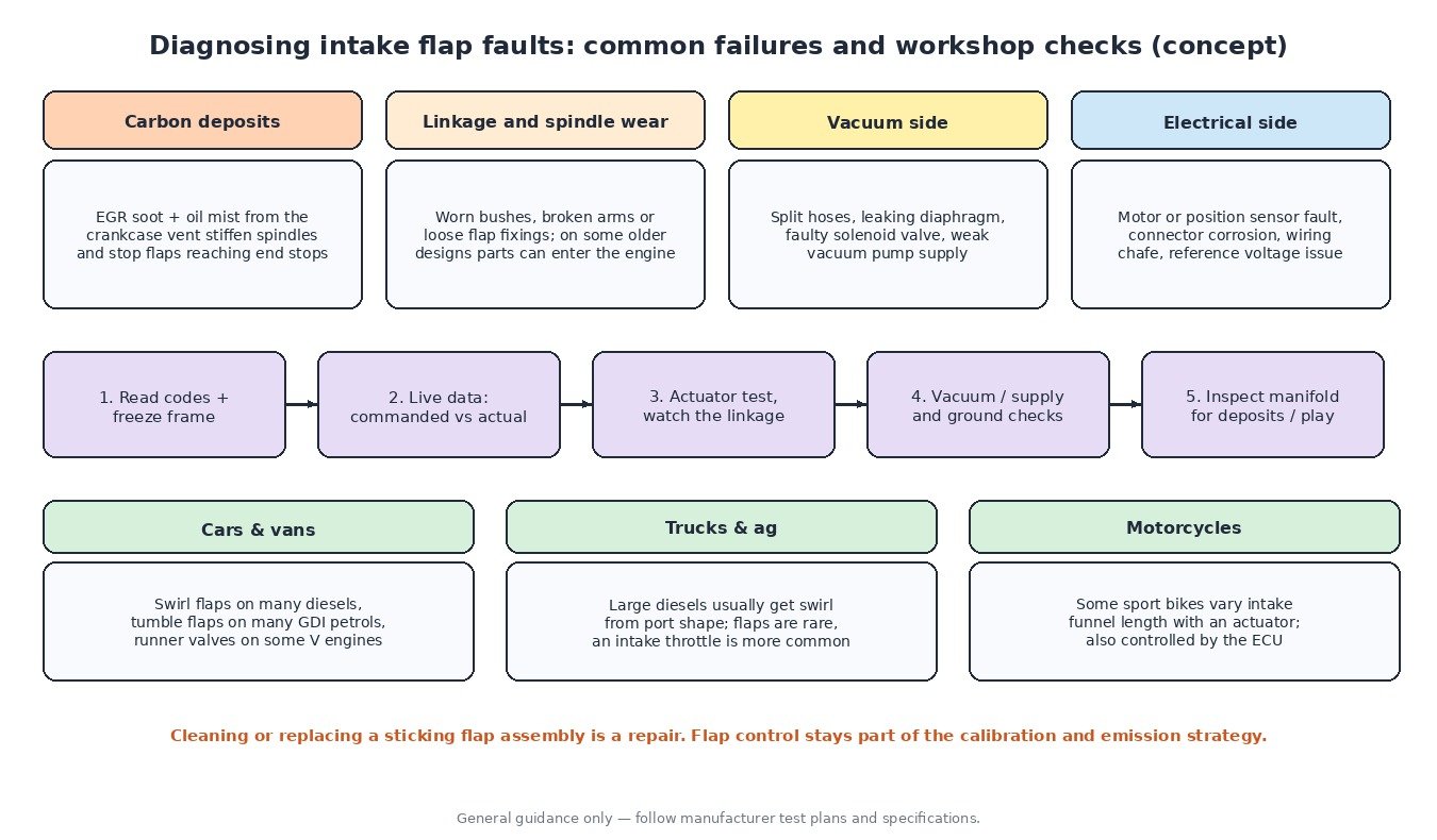 Intake flap fault diagnostics: carbon deposits, linkage wear, vacuum and electrical faults, a five-step workshop routine and notes for cars, trucks, agricultural machines and motorcycles