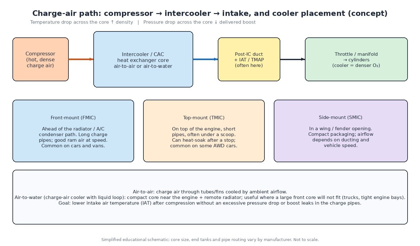 Diagram of the charge-air path from turbo compressor through an intercooler (charge-air cooler) to the intake, with front-mount, top-mount and side-mount placement options and a note on air-to-air versus air-to-water coolers