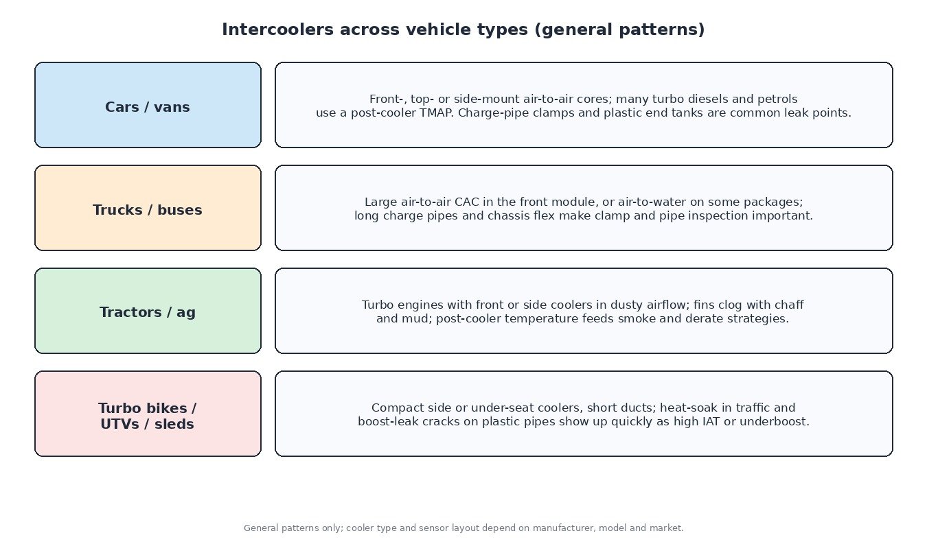 Chart comparing intercooler and charge-air cooler patterns across cars and vans, trucks and buses, agricultural machines, and turbo bikes or UTVs