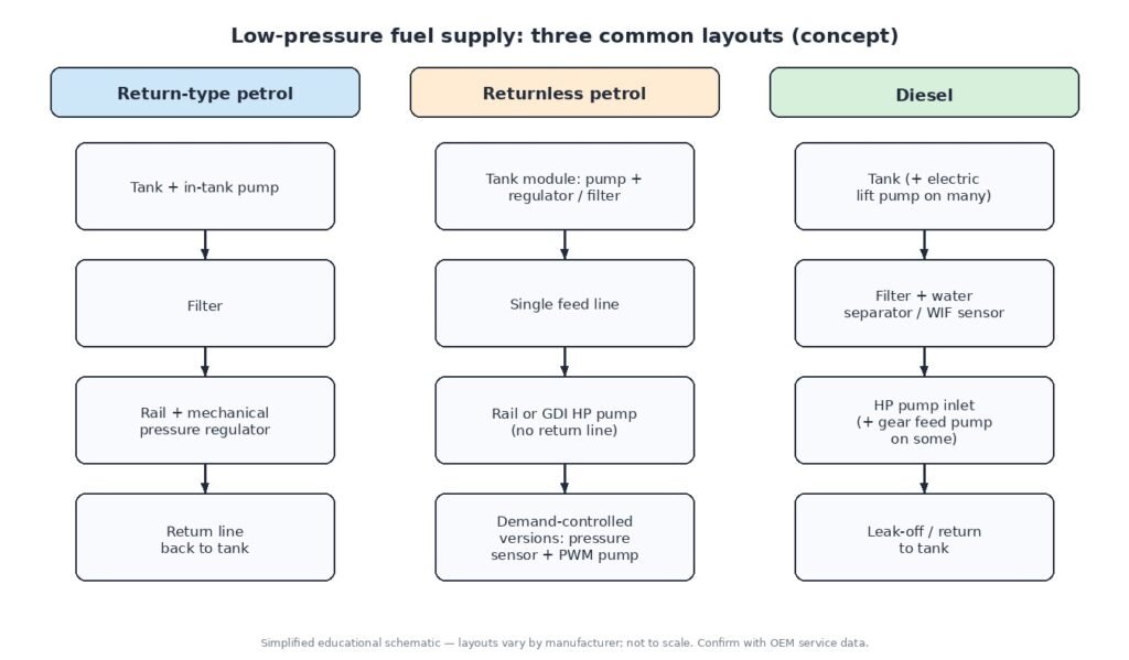 Diagram comparing three low-pressure fuel supply layouts: return-type petrol with rail regulator and return line, returnless petrol with in-tank regulator and demand-controlled pump, and diesel with lift pump, water separator filter and leak-off return