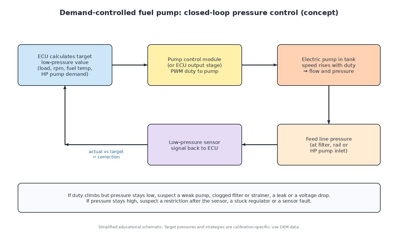 Block diagram of a demand-controlled fuel pump loop: ECU target pressure, pump control module PWM duty, in-tank electric pump, feed line pressure and low-pressure sensor feedback to the ECU