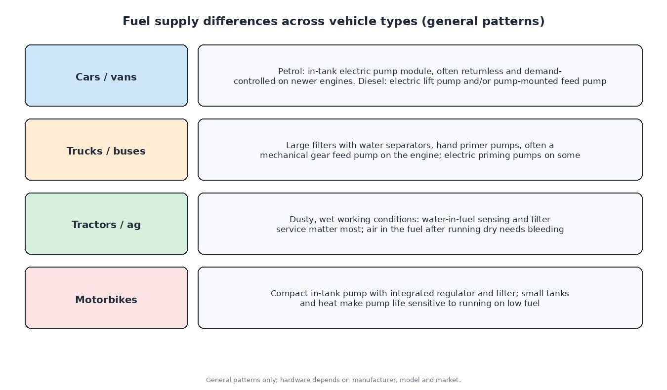 Chart comparing fuel supply hardware in cars and vans, trucks and buses, tractors and agricultural machines, and motorbikes