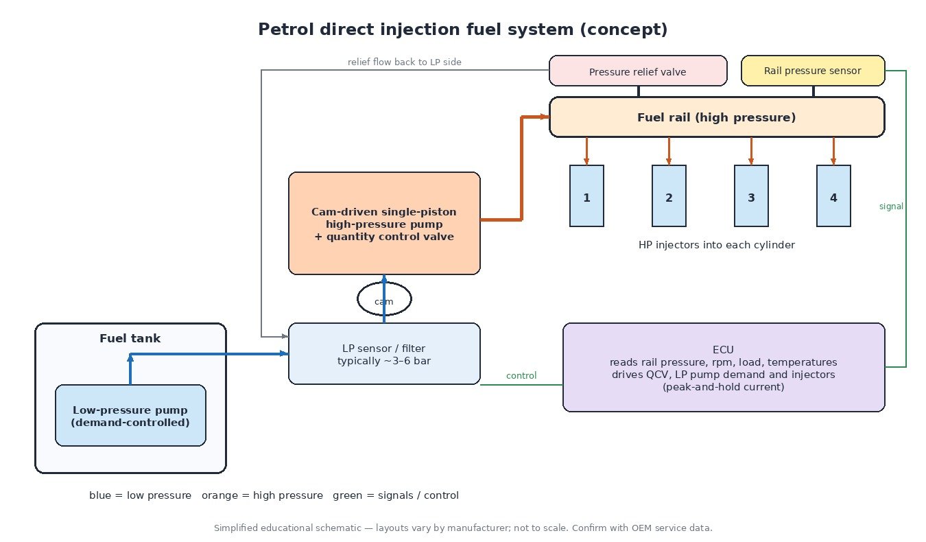 Diagram of a petrol direct injection fuel system: demand-controlled tank pump, cam-driven high-pressure pump with quantity control valve, fuel rail, rail pressure sensor, relief valve, injectors and ECU