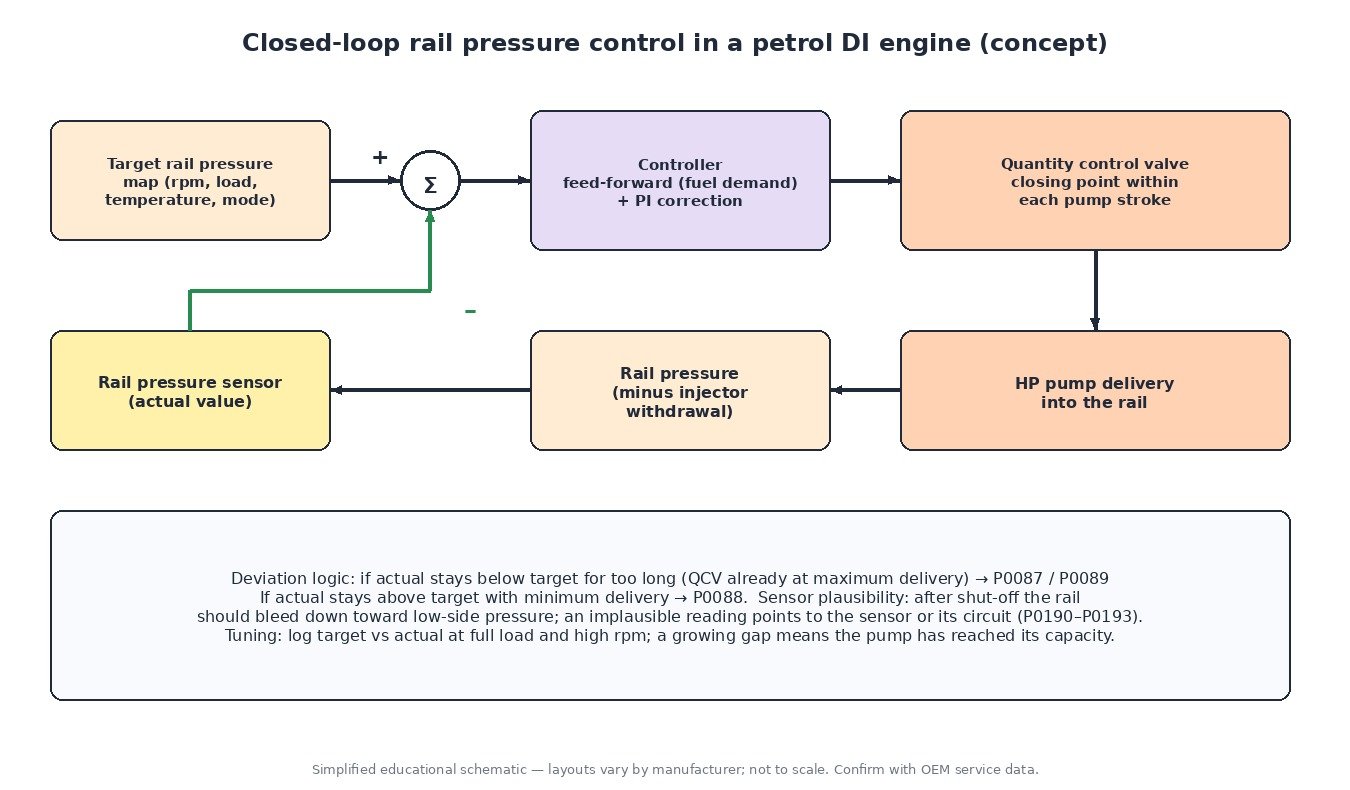 Closed-loop rail pressure control diagram for a petrol GDI engine: target map, controller, quantity control valve, high-pressure pump, rail and pressure sensor feedback