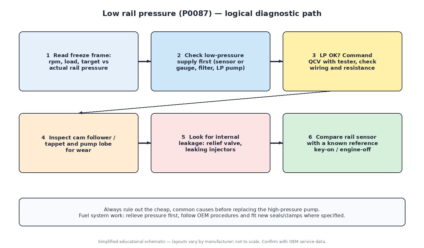 Diagnostic flow for low fuel rail pressure P0087 on a petrol direct injection engine