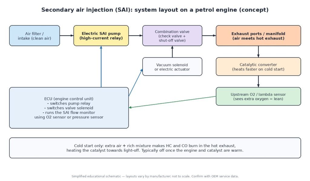 Secondary air injection system layout on a petrol engine: electric air pump, combination valve with vacuum solenoid, exhaust manifold, catalytic converter, upstream O2 sensor and ECU control